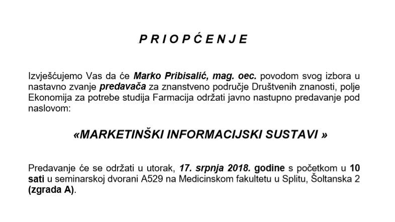 17.07.2018. Javno nastupno predavanje Marko Pribisalić, mag. oec.
